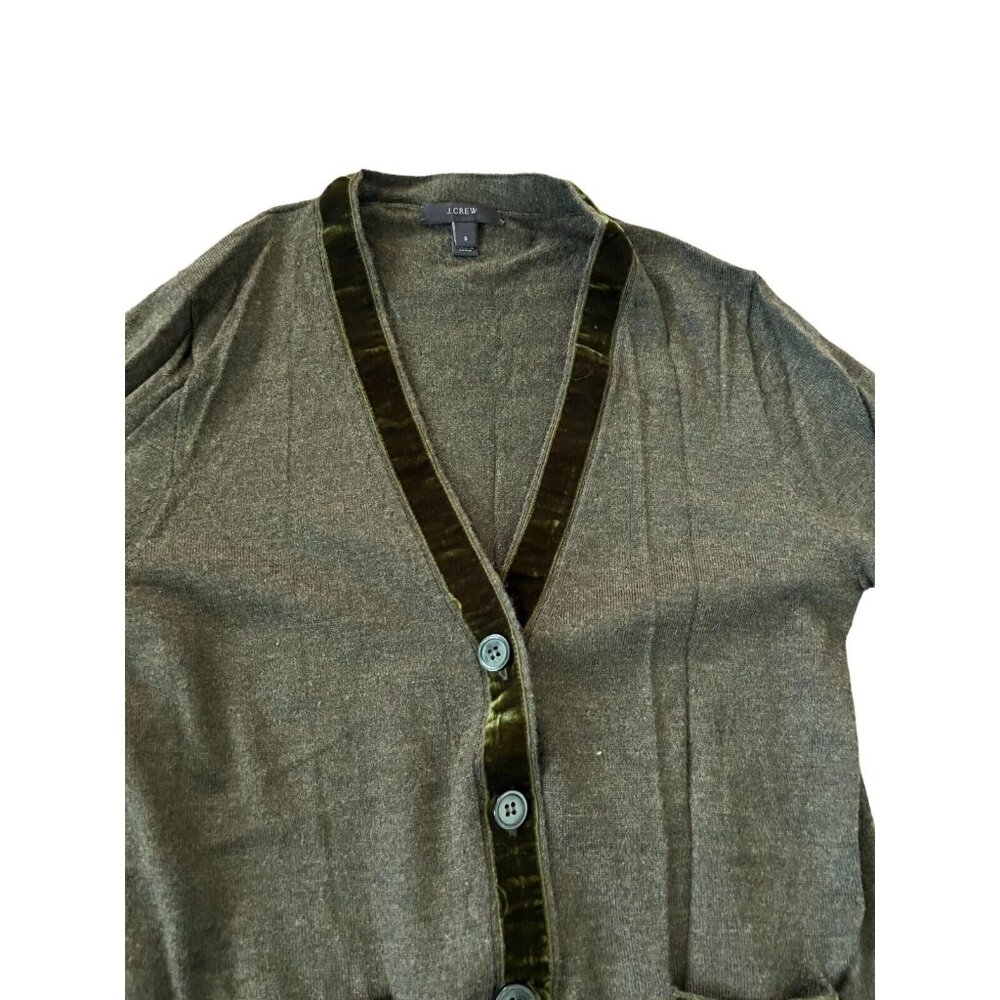 J. Crew Cardigan Small Green Merino Wool Blend Button Down Sweater Velvet Trim - Picture 2 of 6
